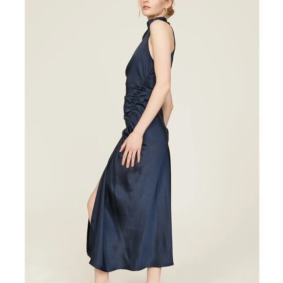 A.L.C. Blue Satin Halter Gown Size 8 Cocktail Asymmetric Ruched Midi Dress $500 - Picture 2 of 14